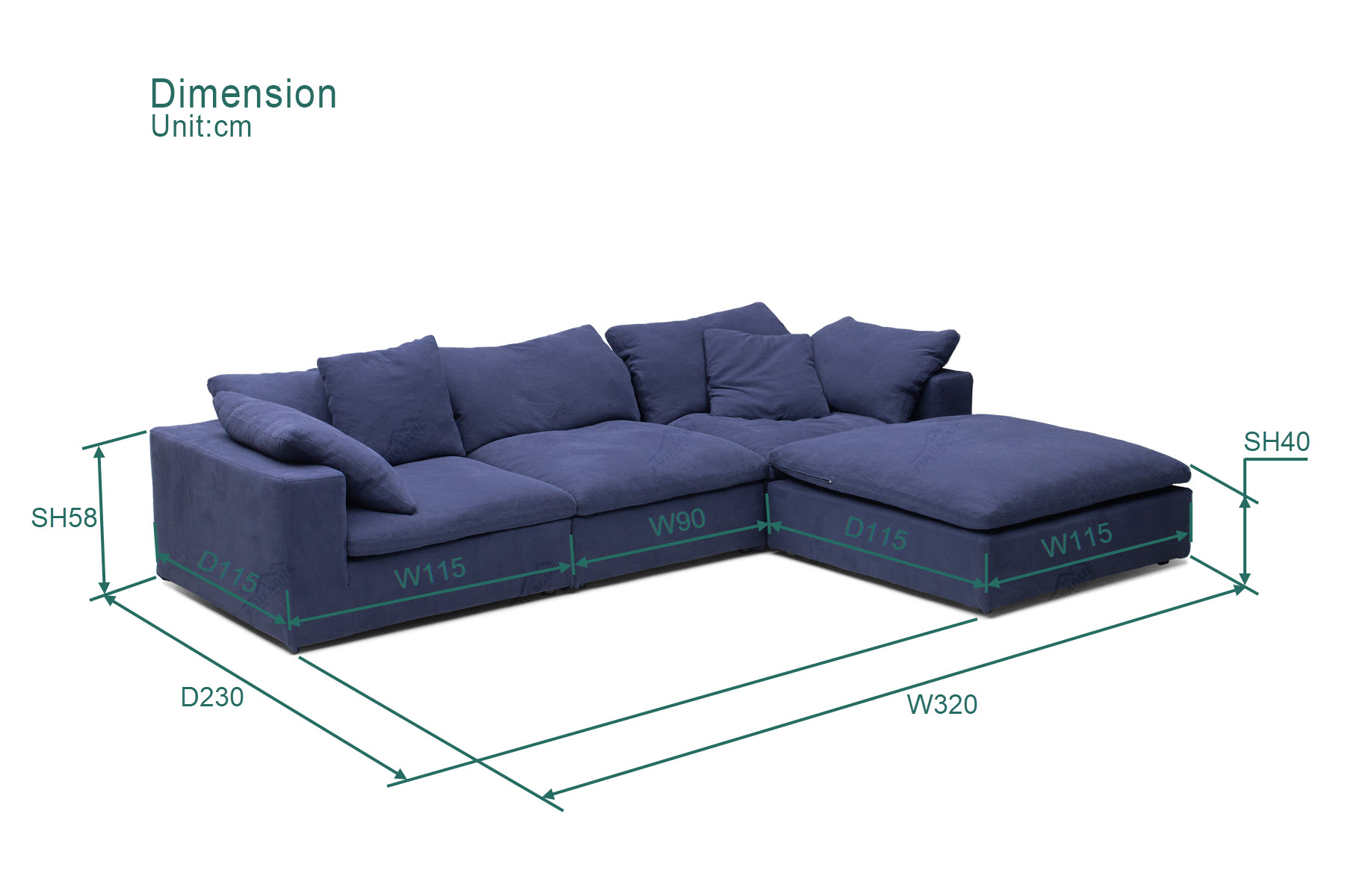 Fuleague 4 Piece Modular Couch dimension FA416-4PCS-A