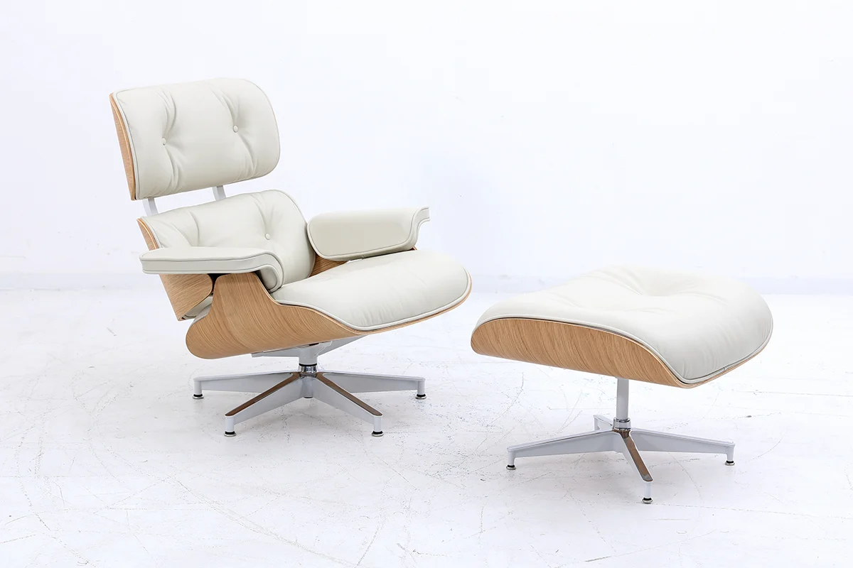 cream leather eames lounge chair with oak wood veneer
