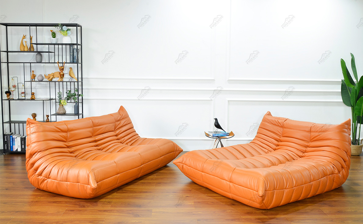 Cognac full aniline leather togo sofa replica with a togo chaise lounge