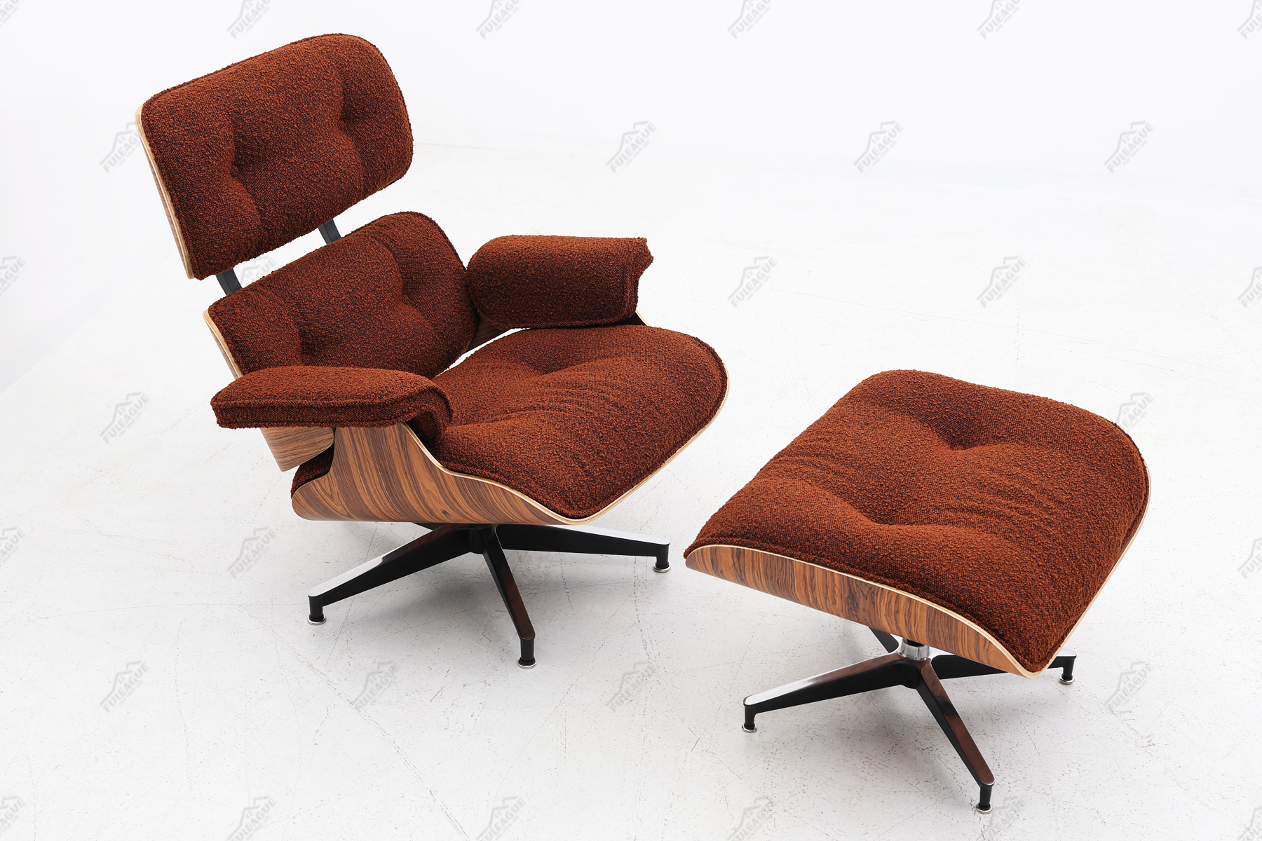 eames lounge chair replica in brown boucle fabric and rose wood 