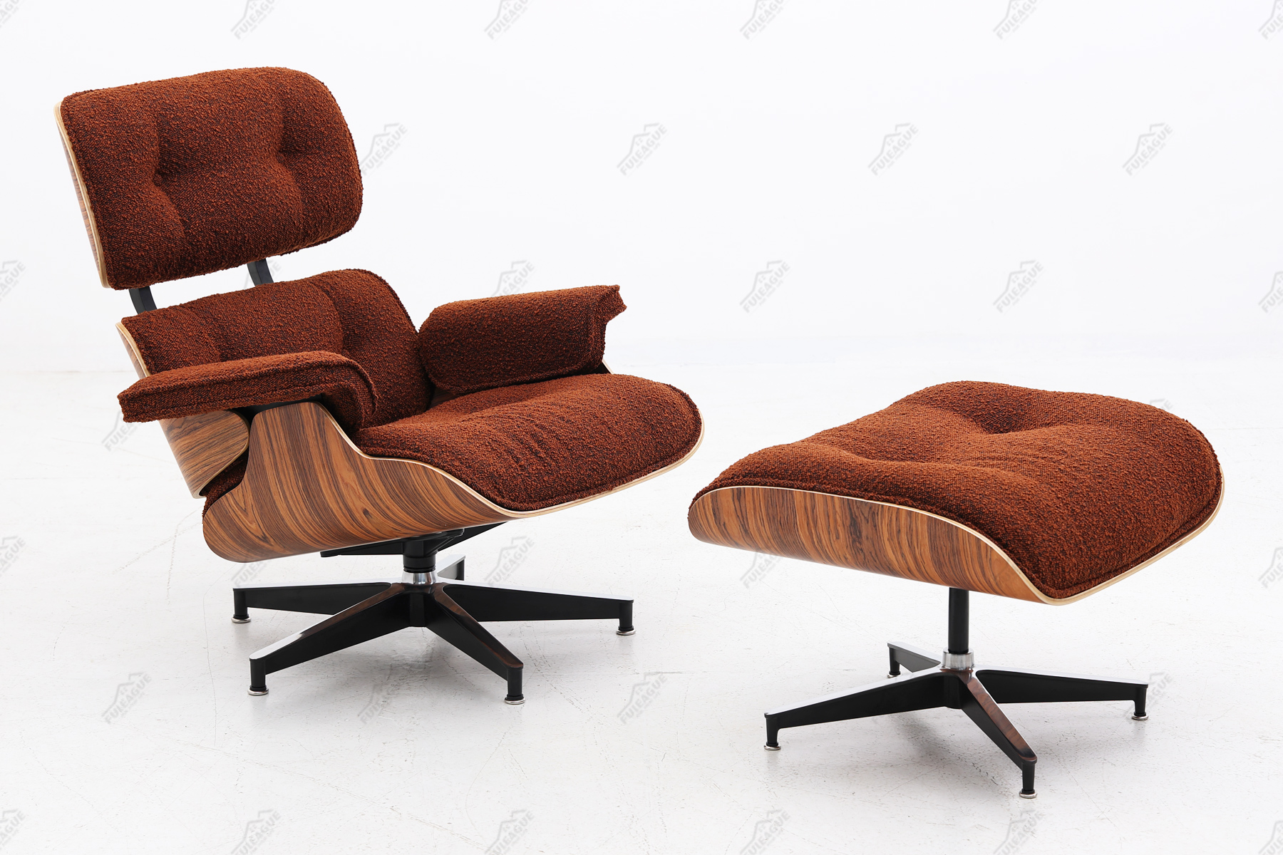 eames lounge chair replica in brown boucle fabric and rose wood 