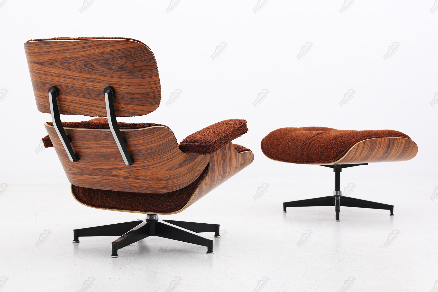 eames lounge chair replica in brown boucle fabric and rose wood 