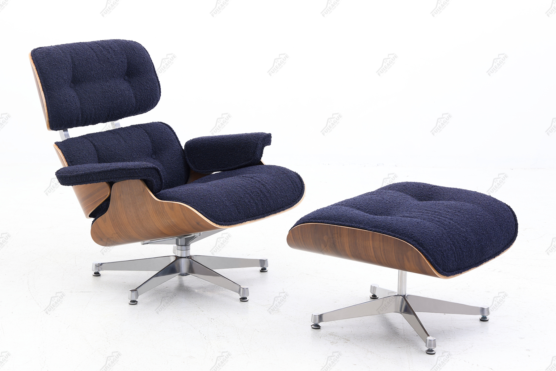 eames lounge chair replica in blue boucle fabric and walnut wood 