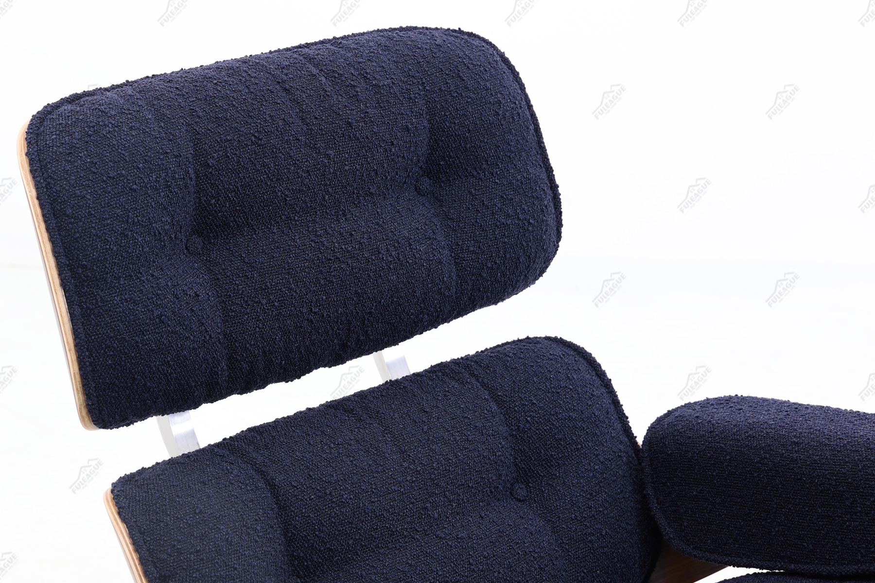 eames lounge chair replica in blue boucle fabric and walnut wood 