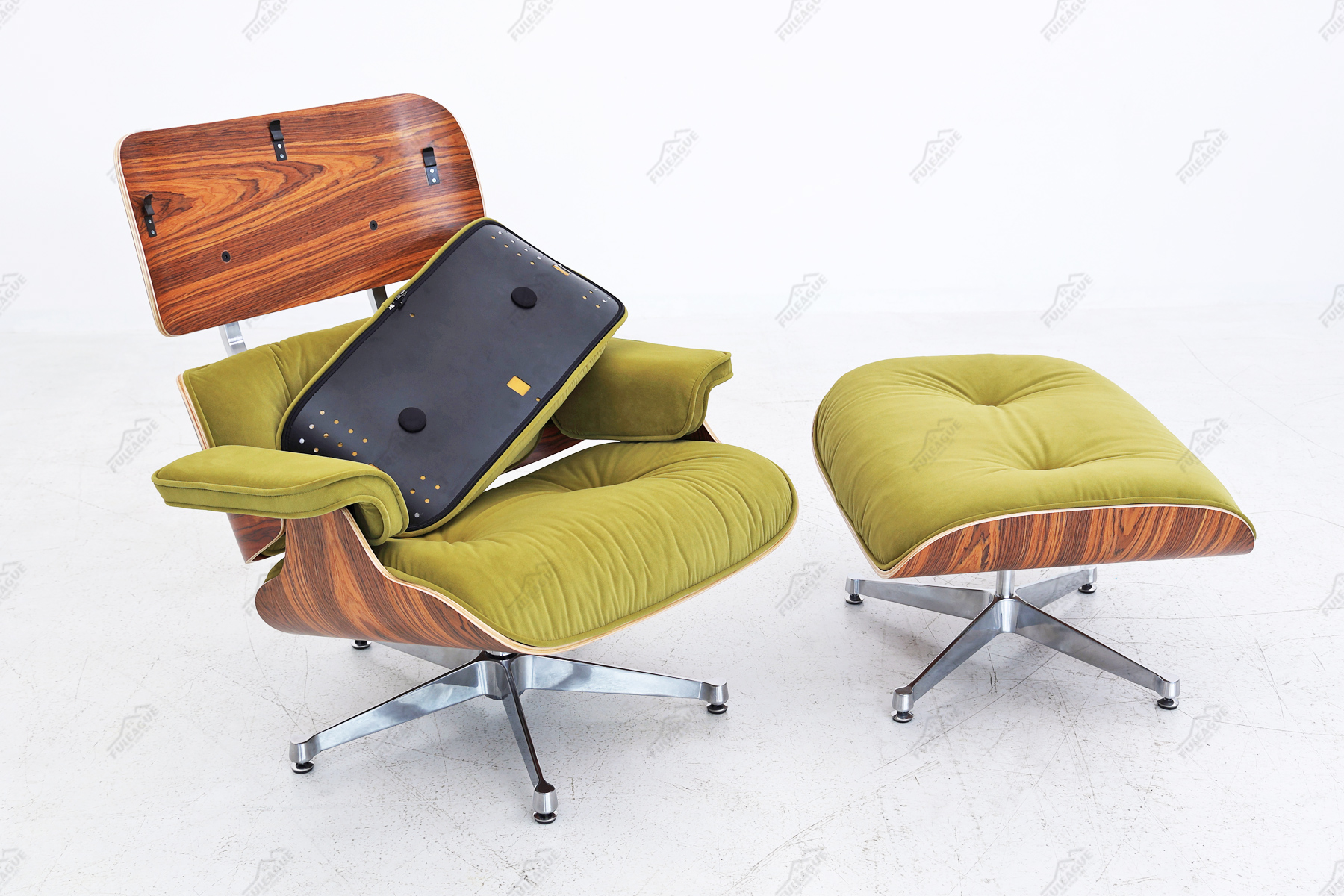eames lounge chair replica in green velvet fabric and rose wood 