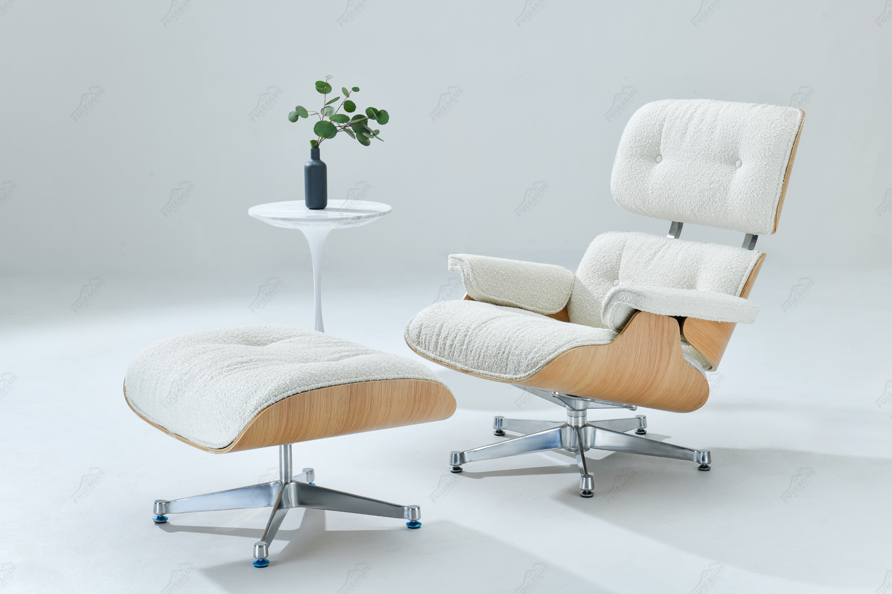 eames lounge chair replica in cream boucle fabric and oak wood 