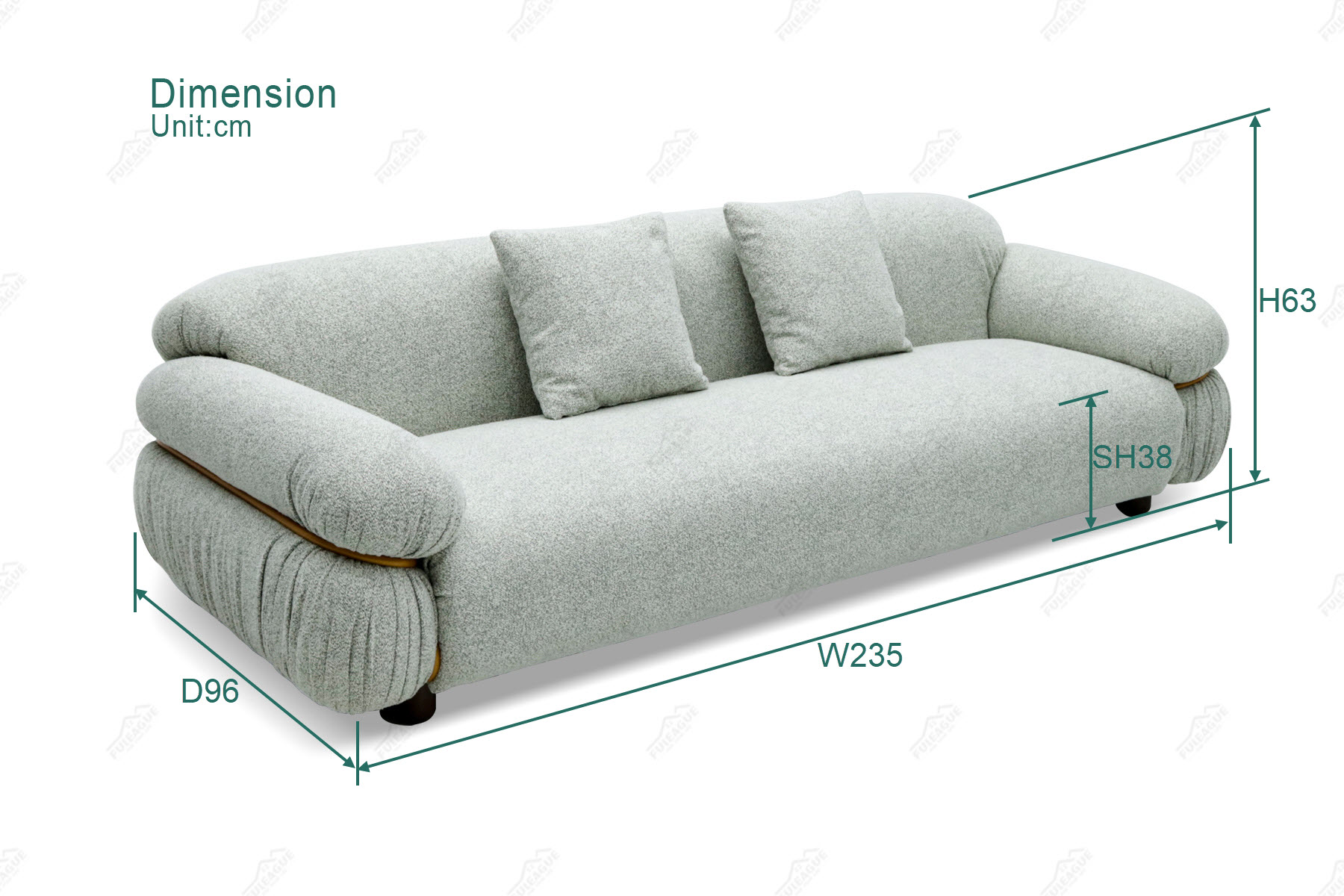 Fuleague mid century modern three seater sofa dimension FA390-3S-F